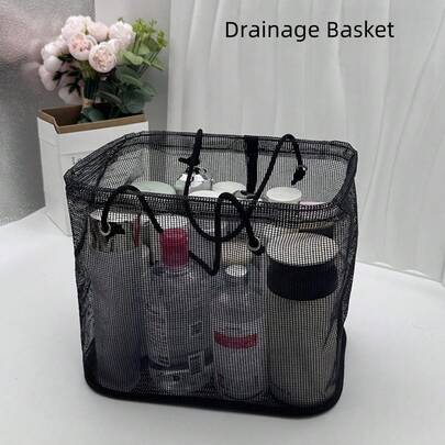 1pc Black Mesh Drainable Large Capacity Bathroom Storage Basket, Outdoor Beach Swimming Portable Foldable Organizer Basket