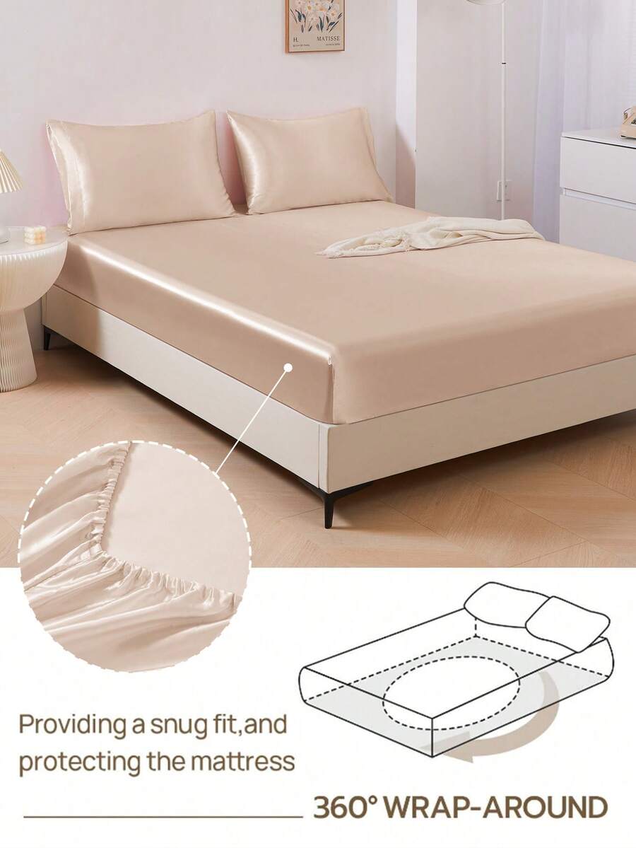 香槟色缎面床笠，1件装，适用于15英寸至17英寸厚的床垫，柔软透气，抗皱，奢华酒店风格，全包式松紧带，深口袋设计，适用于单人床、双人床、大号床、特大号床。居家及宿舍必备床上用品，通过Oeko-Tex认证。 - 香檳色 - 查看 1