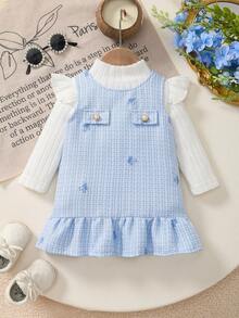 女宝宝圆领喇叭袖罗纹白色T恤+圆领无袖露背蝴蝶结刺绣珍珠纽扣蓝色连衣裙两件套 - 彩色 - 查看 2