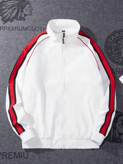 Chaqueta casual y holgada de manga larga para hombre con diseño de rayas laterales, chaqueta cómoda, suave y transpirable con cuello alto para primavera y otoño