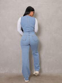 Conjunto de 2 peças Jeans Feminino para mulheres Blusa Colete com detalhes Calça Wide leg Denim Conjunto Elegante Perna Solta Cintura alta Tecido Premium