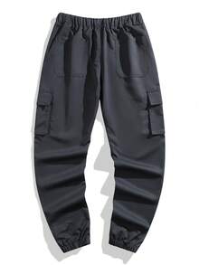 3pcs Teen Boy Casual Simple Outdoor Exercise Sports Pocket Straight Leg Cargo Pants, Suitable For School, Spring & Autumn & Winter - Black - View 7