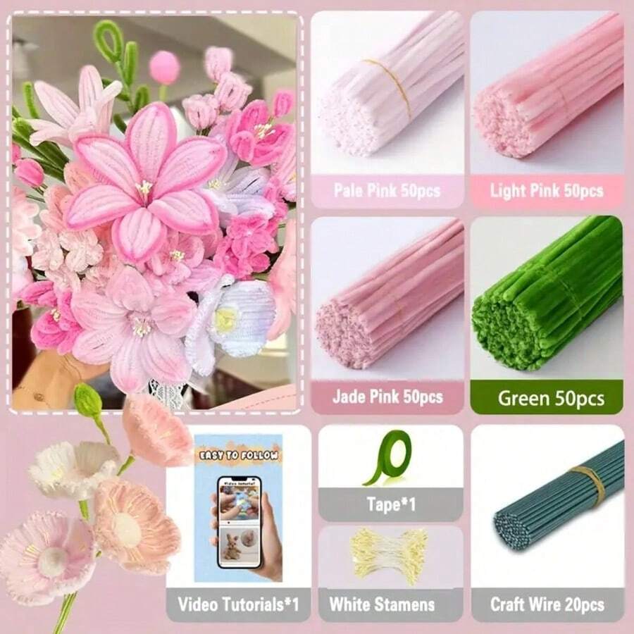 372/150pcs Craft Supplies Kit: Pink & Green Chenille Stems, Step-By-Step Video Tutorial, Green Floral Wire, Gardening Tape, Stamens, Suitable For Bouquet Crafts, Creative Gifts And Party Decorations. Flexible Chenille Stems For DIY Projects And Decor, Ideal For Holidays, Graduations And Celebrations. - Multicolor - View 1