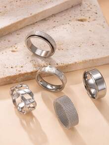 5pcs Fashion Stainless Steel Rings Set, Simple Golden Rotatable Rings, Hip Hop Hollow Out Rings Set - 5pcs - View 6