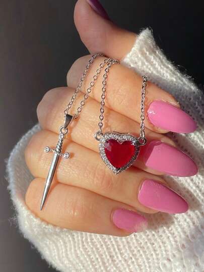 2pcs/Set Elegant Luxury Red Heart & Sword Couple Necklace, Stainless Steel Chain With Sparkling Cubic Zirconia Pendant, Suitable As Gift For Women & Men