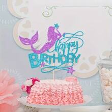 1 件美人鱼生日快乐蛋糕装饰 - 闪光贝壳珊瑚尾签装饰适用于海底 BB 淋浴生日派对用品 - 彩色 - 查看 11