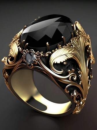 Un anillo con un estilo elegante y muy personalizado. El Body del anillo presenta un diseño de dos tonos en negro y oro, con la parte dorada adornada con intrincados patrones florales y de voluta calados. Las líneas son suaves y de varias capas, que muestran la refinada y lujosa elegancia del estilo clásico de palacio. Adecuado para usuarios que buscan gustos únicos y estética vintage.