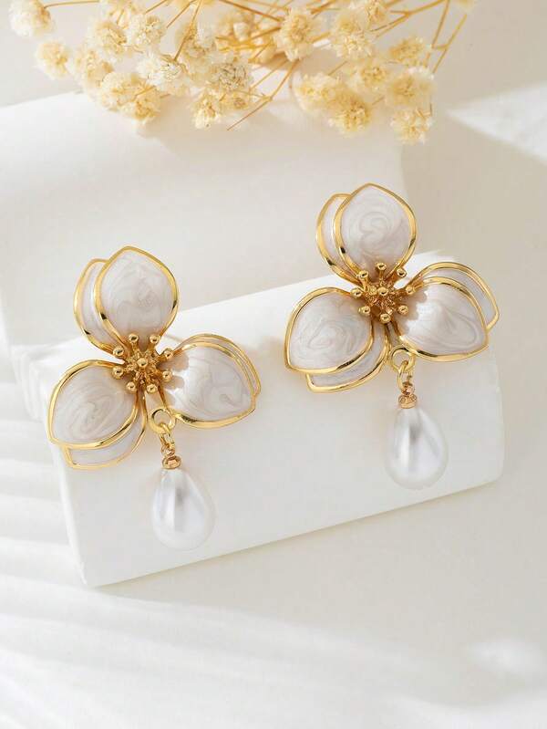 1 Pair Elegant Faux Pearl Flower Pendant Earrings, Gift For Women, Valentine's Day, Date