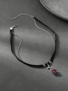 1 件万圣节哥特式油画玫瑰花链流苏颈链，黑色丝带项链，适合女士派对性感服装配饰 - 黑色 - 查看 2