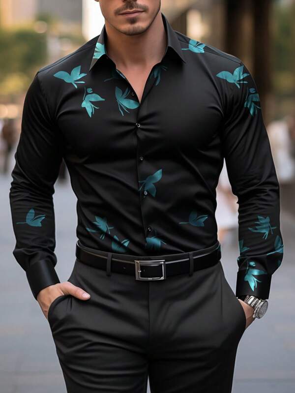 Elegant formeel overhemd met bloemenprint voor heren, zwart enkelrijs, casual stijl voor ouderen, slim fit, het beste cadeau voor ouders