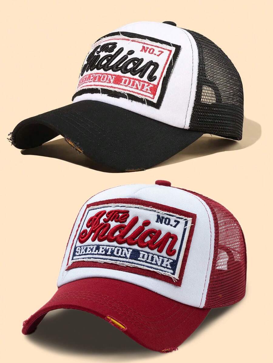 2 件男女通用户外休闲可调节尺寸四季防晒字母贴片网眼棒球帽卡车司机帽，适合日常搭配 - 黑色+酒紅色 - 查看 1