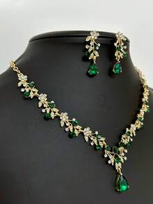 Gorgeous Imitation Emerald Cubic Zirconia Jewelry Set Golden Bridal Necklace Earrings Set Wedding Engagement Jewelry - Vàng - Xem 4