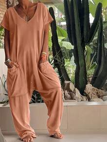 1 件女式针织面料口袋连体裤，适合节日、日常穿着、生日、派对、返校、单身派对、旅行、夏季 - 珊瑚橙 - 查看 1