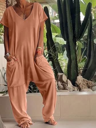 1 件女式针织面料口袋连体裤，适合节日、日常穿着、生日、派对、返校、单身派对、旅行、夏季