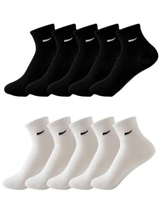 5 Pairs Or 10 Pairs Of Black And White Interesting Cartoon-Style Personalized Cute Embroidered Pattern Children's Mid-Calf Socks, Randomly Dispatched, European/American Sizes, Comfortable, Breathable, Durable, Suitable For Daily Wear, High-Quality Fabric, Does Not Cause Foot Discomfort