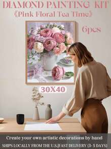 1pc "Pink Floral Tea Time" 5D Diamond Painting Set DIY Full Diamond Gem Art Embroidery Painting Wall Decor Adult Beginner Gift 30x40cm