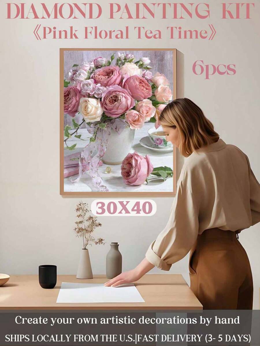 1pc "Pink Floral Tea Time" 5D Diamond Painting Set DIY Full Diamond Gem Art Embroidery Painting Wall Decor Adult Beginner Gift 30x40cm