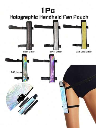 1PC Holographic Handheld Fan Pouch With Adjustable Strap,Fan Rave Holder,- Stylish Party Accessory For Women, Reflective Iridescent Design, Perfect For Christmas, Festivals, And Chinese Martial Arts Events,And Fan Holder & Thigh Holster Rave Accessories For Concert Festival Raves