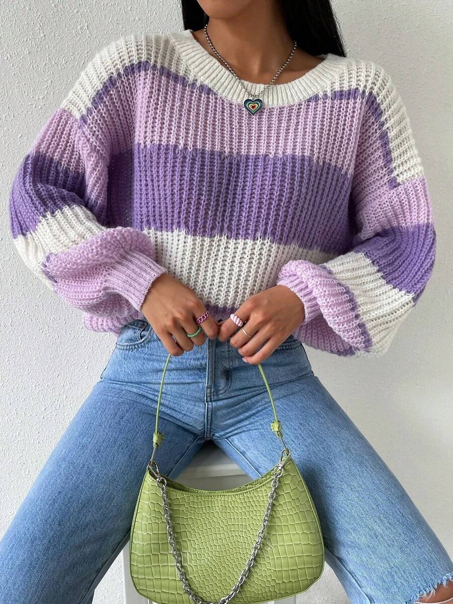 1 buah Sweater Pullover Tebal Kasual untuk Anak Perempuan, Atasan Rajut Bergaris Ungu yang Nyaman & Lembut, Musim Gugur/Dingin - Purple - View 1