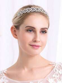 1pc Glossy Zinc Alloy Pearl & Rhinestone Bridal Crown Headband, Wedding Dress Jewelry Accessory - Silver - View 4