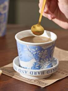 1 pieza Juego de taza de café de cerámica vintage azul y blanco, taza con asa de alta gama y exquisita, taza de oficina de gran capacidad, taza con asa de cerámica de la serie de gatos azul y blanco con tapa, taza para leche y té