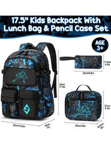 Glow In The Dark Backpack For School Boys, 3 PCS Cool Luminous Kids Backpacks With Lunch Box & Pencil Pouch, Toddler Backpack Bookbag Schoolbag Set For Elementary To High School Students, Back To School Gift For Son, Grandson, Nephew, Brother, Friend - Basketball - 查看 2