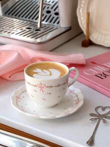 1pc Ins Style Afternoon Tea Cup Set, Korean Girly Pink Floral Bow Retro Ceramic Coffee Cup - White - View 2