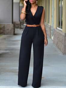 女式高腰 V 领阔腿连体裤，配不对称设计和腰带 - 黑色 - 查看 4