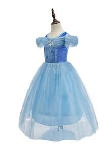 6pcs Set Light Blue Girl's Puff Sleeve Rhinestone Mesh Dress With Accessories, Children's Christmas & Halloween Party Costume Outfit - Light Blue - View 7