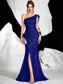 时尚亮片单肩长袖晚礼服刺绣网纱拼接长款连衣裙，优雅 - 寶藍色 - 查看 1