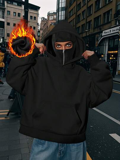 Barak 酷炫街头哥特风双连帽套头卫衣，休闲女装。适合冬季、秋季、优雅场合穿着，也适合女性。上衣款式多样，包括街头风、返校季、派对装、Y2K 风、外出装、冬季装、乡村风、约会装等。黑色款。