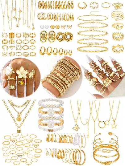 83/56/43 pièces Ensemble de bijoux collier, bracelet, bague avec nœud d'amour, fleur, perle, strass et paillettes - Design géométrique creux à plusieurs brins ondulés, style vintage élégant minimaliste, convient pour les vacances, les fêtes, les cadeaux, le port quotidien