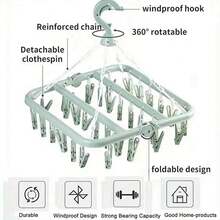 1pc 32-Clip Rotating Plastic Drying Rack, Space-Saving Folding Clothes Hanger, Suitable For Socks, Underwear And Small Garments, For Bedroom, Bathroom, Closet And Dorm Storage, Laundry Room Accessory, Clothes Drying Rack