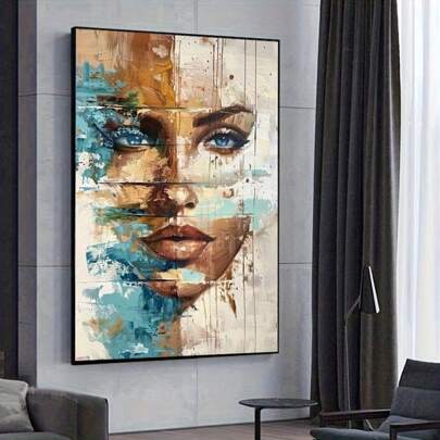 Unframed Modern Abstract Floral Woman Canvas Art Print - Vibrant Blue & Golden Hues, Ideal For Living Room & Bedroom Decor, Indoor/Outdoor Use, Frameless Wall Decor, Bedroom Wall Decor|Abstract Artwork|Canvas Material, Abstract Wall Art