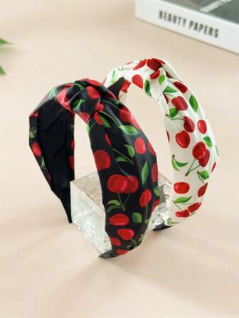 2 pièces bandeau large bord en tissu avec élément de fruit doux et mignon, motif cerise nouée. Accessoires capillaires à haute pression couronne, convient pour les robes, les vacances à la plage, la décoration capillaire pour les sorties quotidiennes, bohème élégant et mignon.