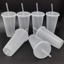 5 Vasos de plástico reutilizables con pajita y tapas - Tazas de agua duraderas de 24 onzas, tapa para café helado, botella de agua, taza de viaje, perfecta para fiestas de verano, Halloween y cumpleaños - Transparente - 5 transparente - Ver 8