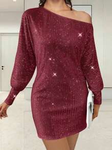 Women Y2k Sparkly Sequins Babydoll Mini Dress Shiny Long Sleeve Crewneck Glitter Short Club Party Dress