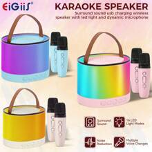 EIGIIS Mini chaîne stéréo de bureau avec microphones sans fil, 5 effets lumineux à LED, enceinte karaoké Bluetooth, microphone portable Bluetooth avec changeur de voix, mini machine à karaoké, cadeau parfait pour l'anniversaire et la famille