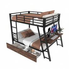 Sairedel Loft Bed, 140 X 200 Cm, Iron Frame, LED Strip, Drawers, Railing, Stairs, Desk, Without Mattress, Black