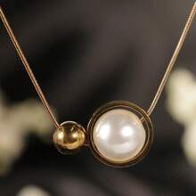 1pc European And American Style Stainless Steel Necklace With Shiny Faux Pearl Pendant, Suitable For Women's Daily Wear