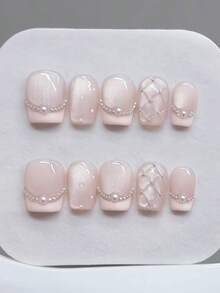 10片粉色手绘菱形珍珠波点法式美甲贴纸，轻松打造日常美甲，适合约会、节日等场合，可移除，送给女性和女孩的礼物，美甲用品，手工按压式美甲贴片 - 粉色 - 查看 2