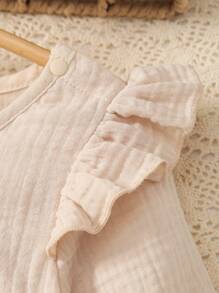 MommBaby MommBaby Infant Girls' Solid Color 100% Cotton Ruched Button Front Long Sleeve Romper With Footed Legs, Casual Outfit For Spring & Autumn