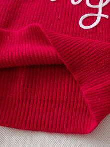 Girls' Cute Solid Color Letter Embroidery Knit Pullover Sweater, Suitable For Daily, Vacation, Spring, Autumn, Winter