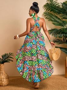 BIUBIU Women's Colorful Sexy Deep V-Neck Sleeveless Criss-Cross Backless Tie Waist High-Low Hem Dress, Bohemian Style For Summer Vacation, Random Pattern - Teal - View 1