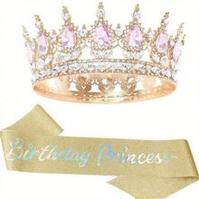 Perlengkapan Pesta Ulang Tahun Bling Rhinestones Mahkota Tiara Emas Selempang Putri Ulang Tahun untuk Wanita Aksesori Rambut Selamat Ulang Tahun Hadiah Prom Dekorasi - MultiWarna - View 17