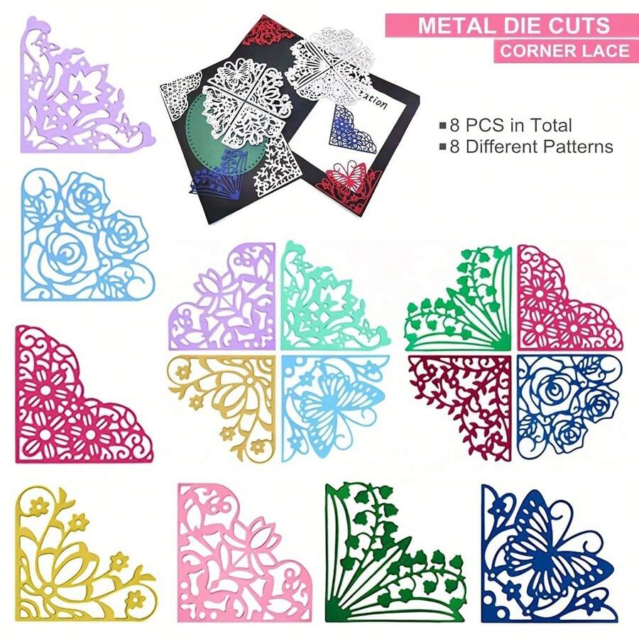 Set Corner Lace Die Cuts Metal Die Cuts Lace Cutting Dies Metal Corner Flower Butterfly Stencil Template For DIY Crafts Scrapbook Album Paper Card - Silver - View 1