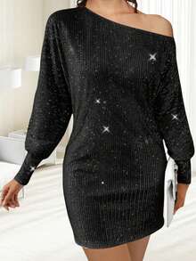 Women's Off One Shoulder Sequined Dress Slim Fit Stylish Sparkly Long Sleeve Mini Bodycon Dress - 黑色 - 查看 4