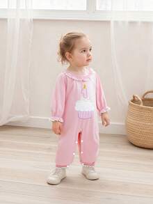 Baby Girls Birthday Romper Cake Embroidery Long Sleeve Ruffled Round Neck Full Length Jumpsuit - Pink - View 2