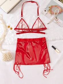 2 件套女士性感内衣角色扮演服装，带环扣装饰深 V 文胸和吊带迷你裙 - 紅色 - 查看 7