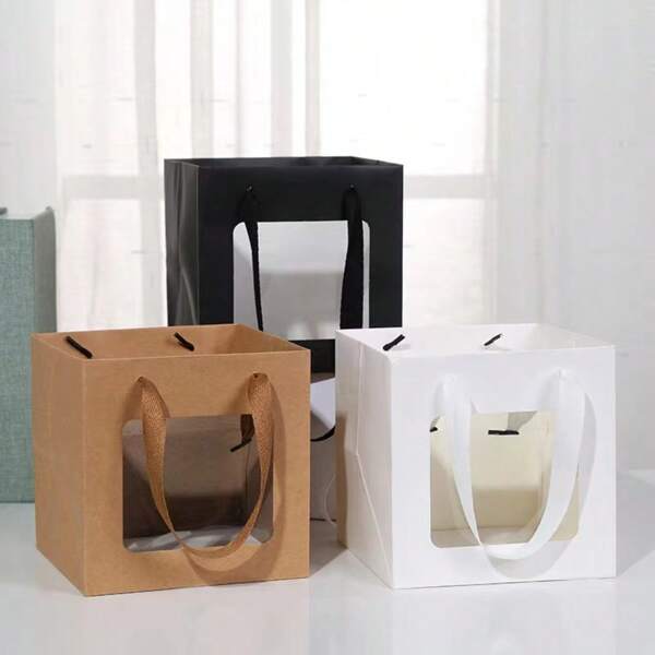 12pcs 15*15*15cm Square Clear Window Kraft Paper Bags, Daily Necessities Packaging Handheld Bags, Birthday Gift Boxes, Small Potted Plant Flower Paper Handbags, Suitable For Birthday, Wedding, Valentine's Day, Easter